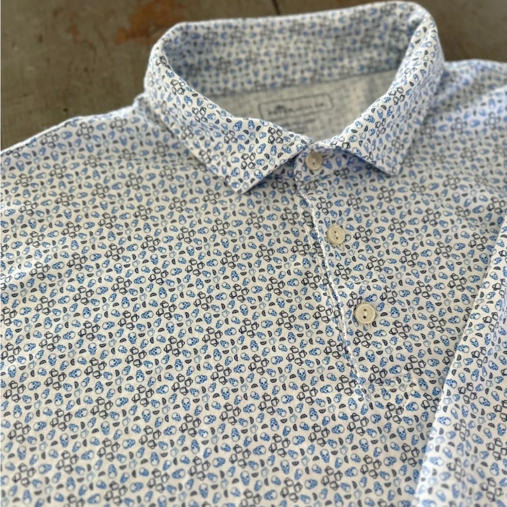 Men’s Peter Millar Polo Skulls Mugs Light Blue and White Pima Cotton XL
